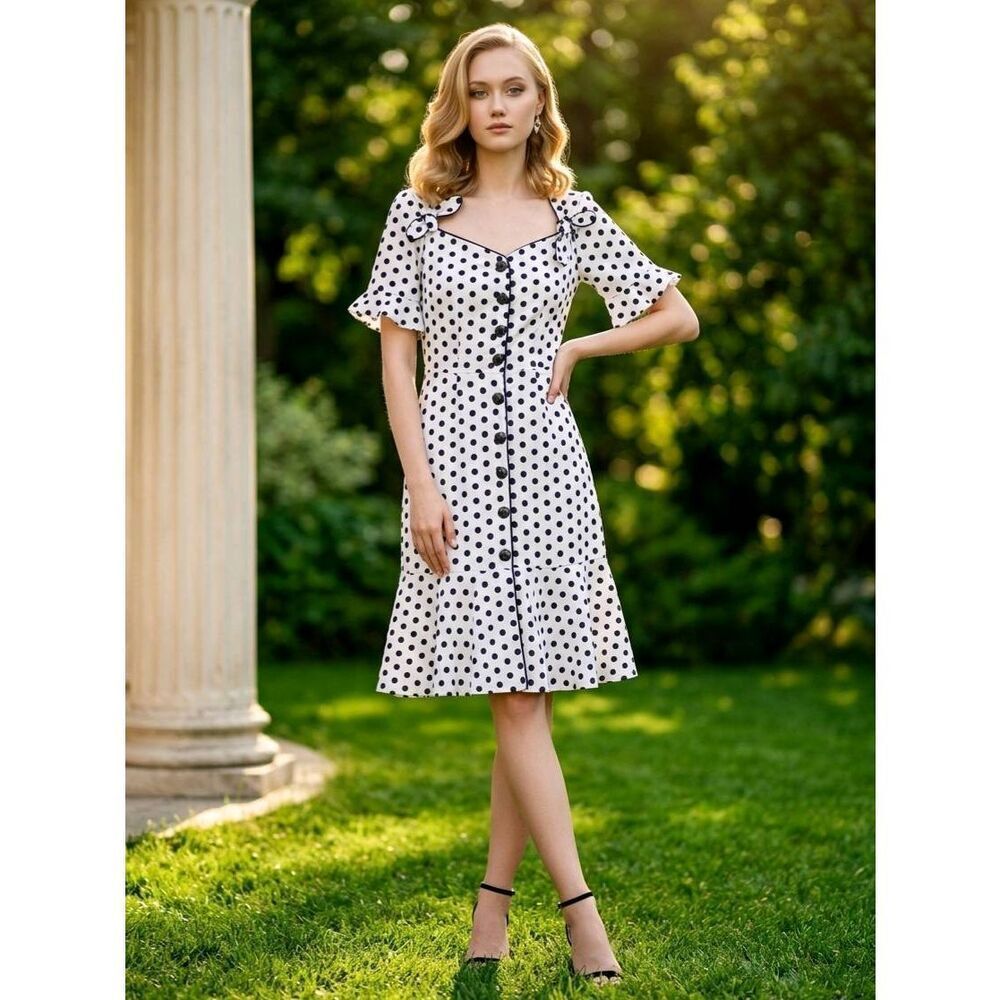 ☔️🔥NWOT White w/Black Polka Dot Rockabilly Mermaid Dress Small